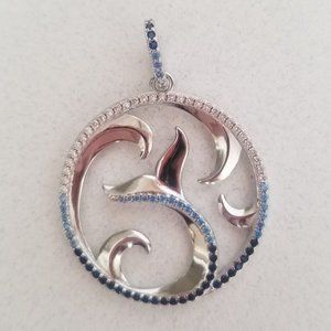 925 Sterling Silver Dolphin Fin Curved Ocean Wave Round Pendant Cubic Zirconia
